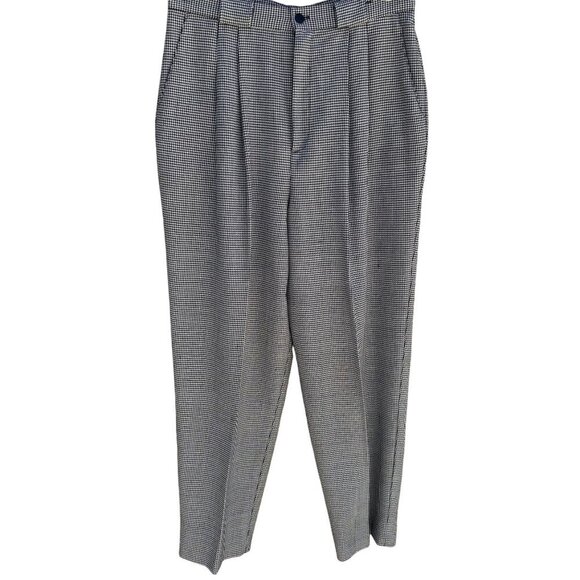 Tofy Pants - Tofy Vintage Womens High-Waisted Black White Houndstooth Pleated Trouser Pant 16
